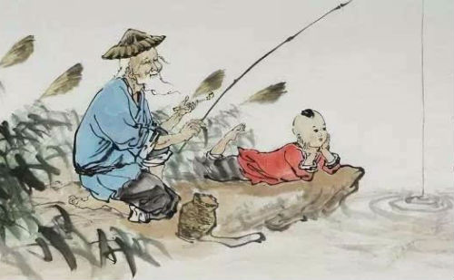 生动传神的国画钓鱼老者和小孩